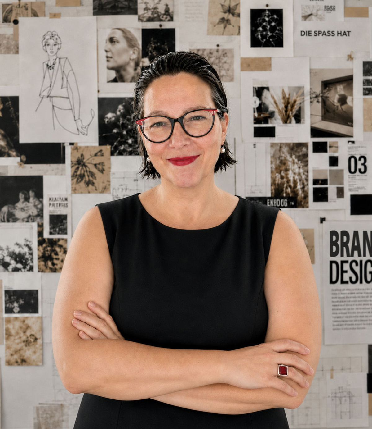 Birgit Zacharias vor einer Moodboard-Wand aus Skizzen, Fotos und Typografie